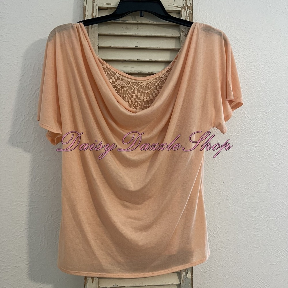 Women's Drape‎ Cowl Neck Crochet Back Detail Top Sz M Short Sleeve Orange Peach
